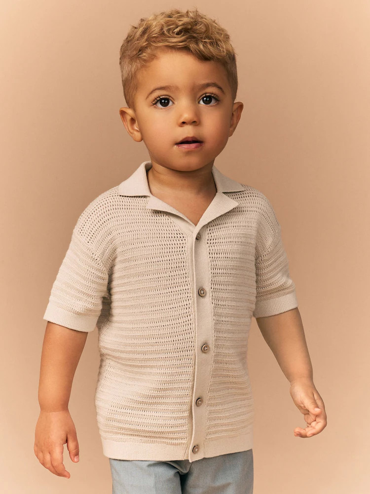 Stone Textured Revere Collar Short Sleeve Knitted 100% Cotton Polo Shirt (3mths-7yrs) | Next US