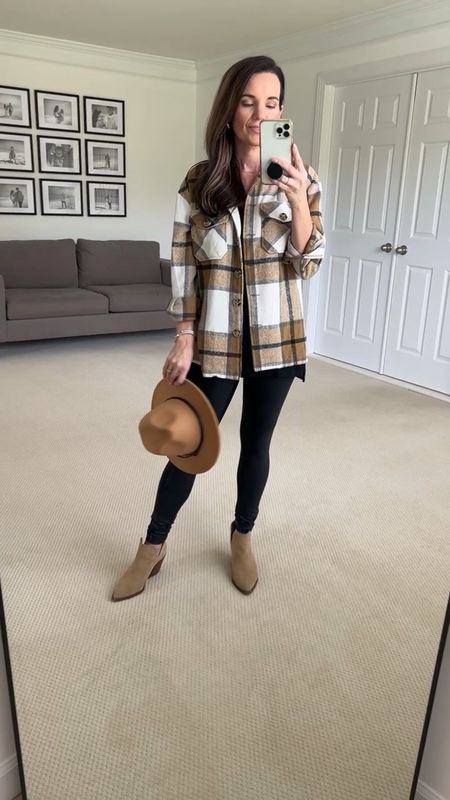 Fall outfit inspo 
Spanx leggings
Shacket 
Brimmed hat
Boots / booties