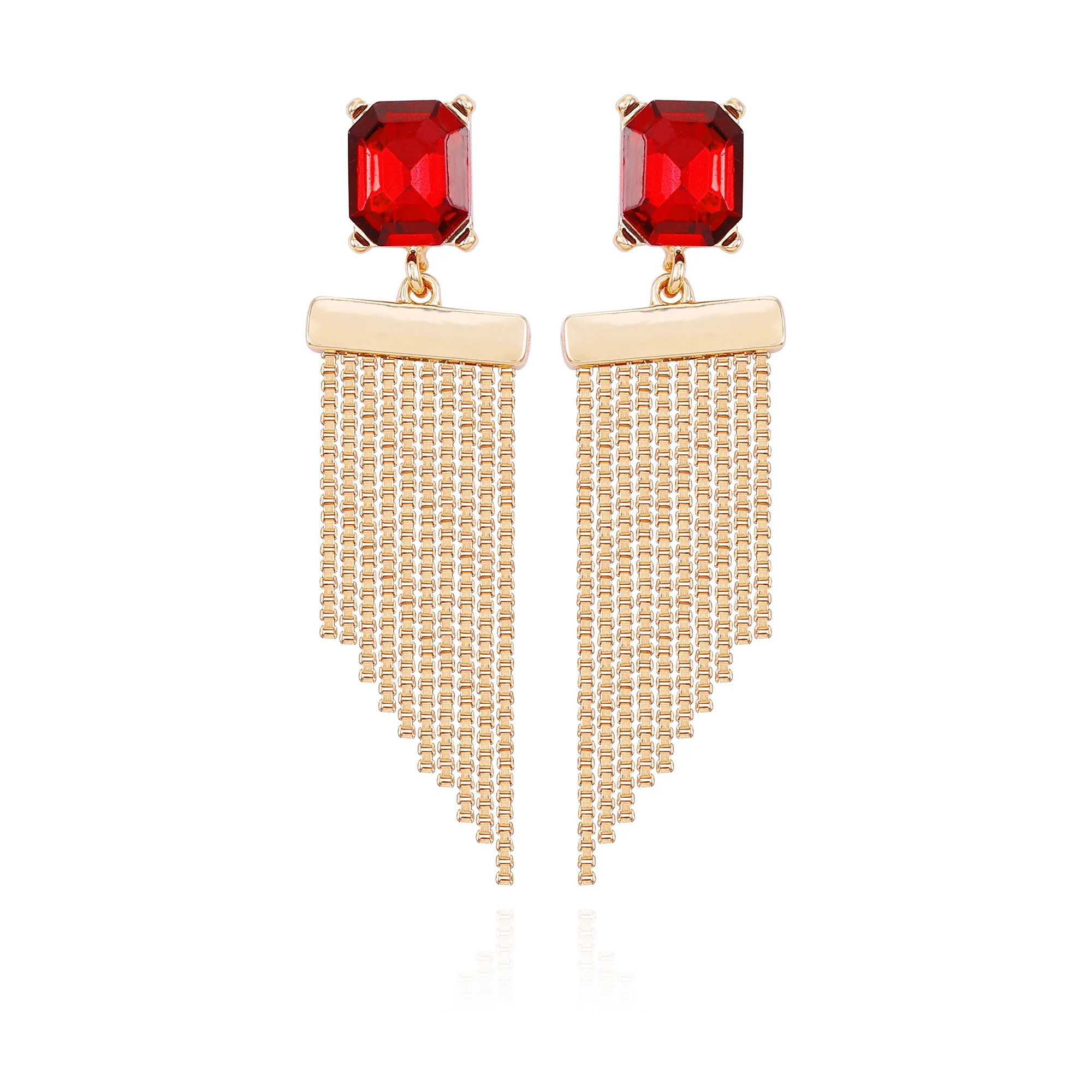 Time and Tru Women's Gold Tone Statement Earring with Garnet Rectangle Stone Post and Fringe Drop... | Walmart (US)