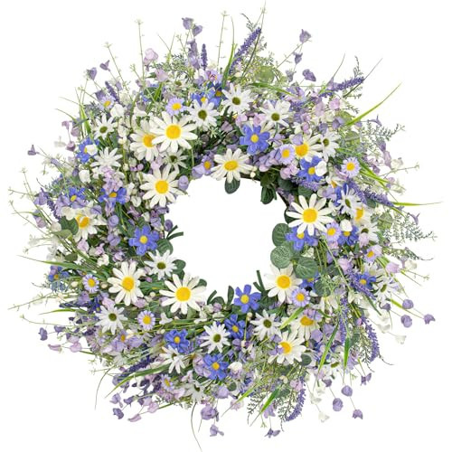 22 Inches Spring Wreaths for Front Door Blue Spring Door Wreath Summer Floral Wreath with Wildflower Lanvender for Front Porch Indoors Outdoor Window Home Decorations | Amazon (US)