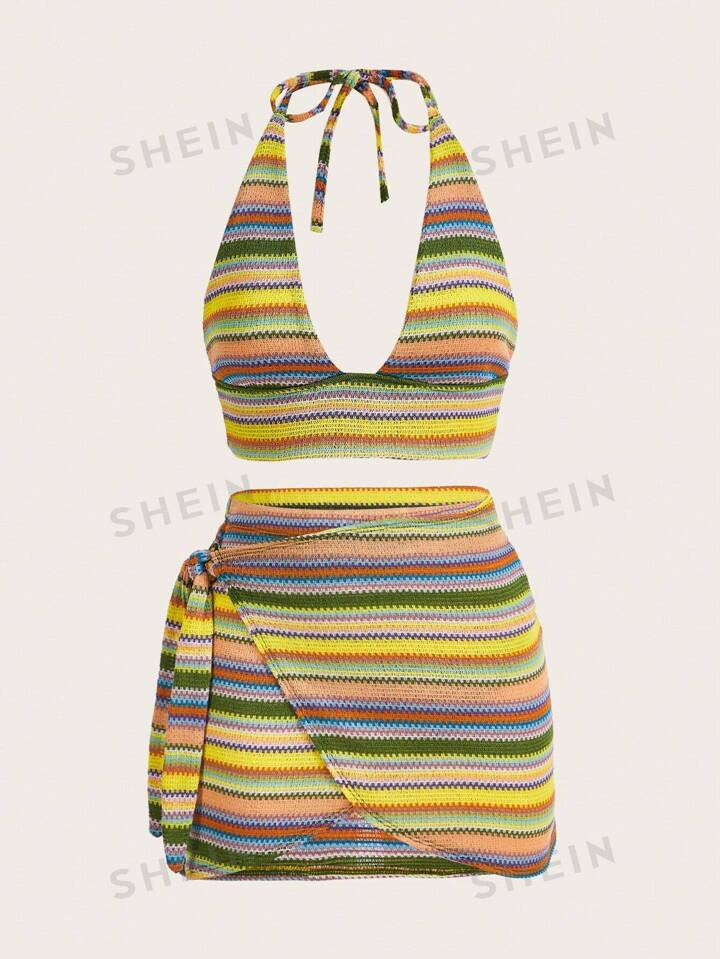 SHEIN VCAY Striped Halter Top & Knot Side Skirt Two Piece Baech Set | SHEIN USA | SHEIN