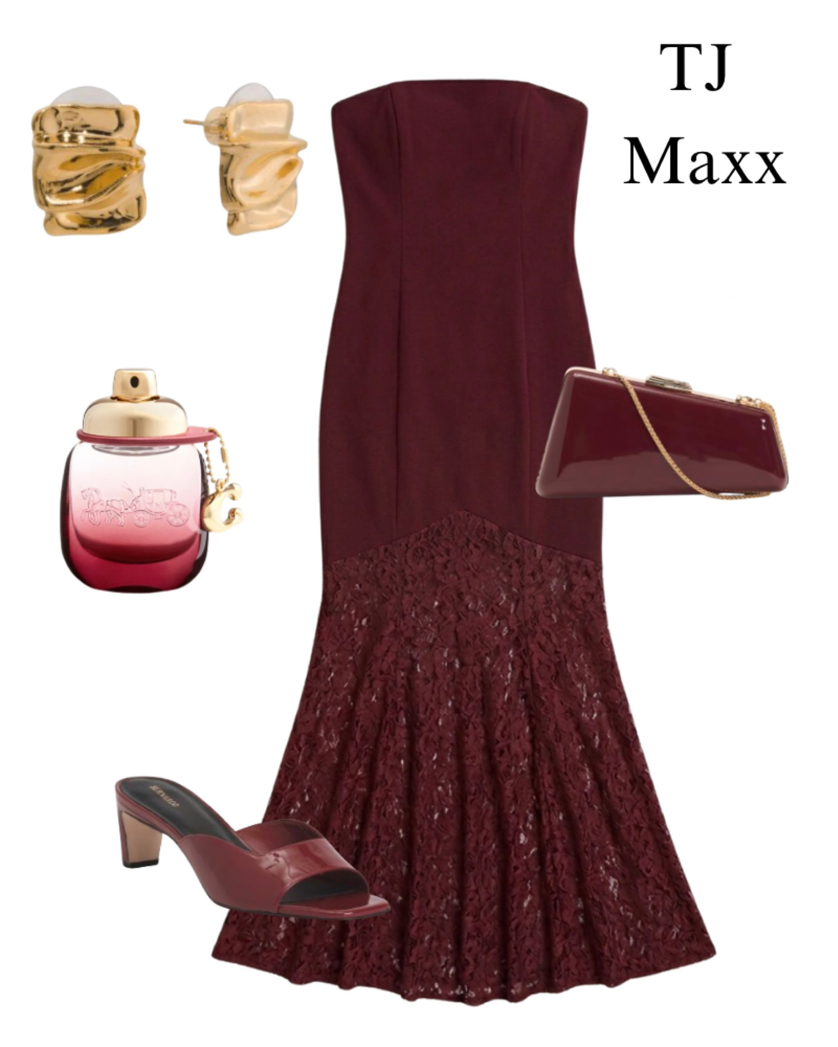 TJ Maxx outfit idea, burgundy strapless maxi with lace, coach perfume, heels, gold earrings, clutch, wedding guest, special occasion.

#LTKBeauty #LTKWedding #LTKSaleAlert