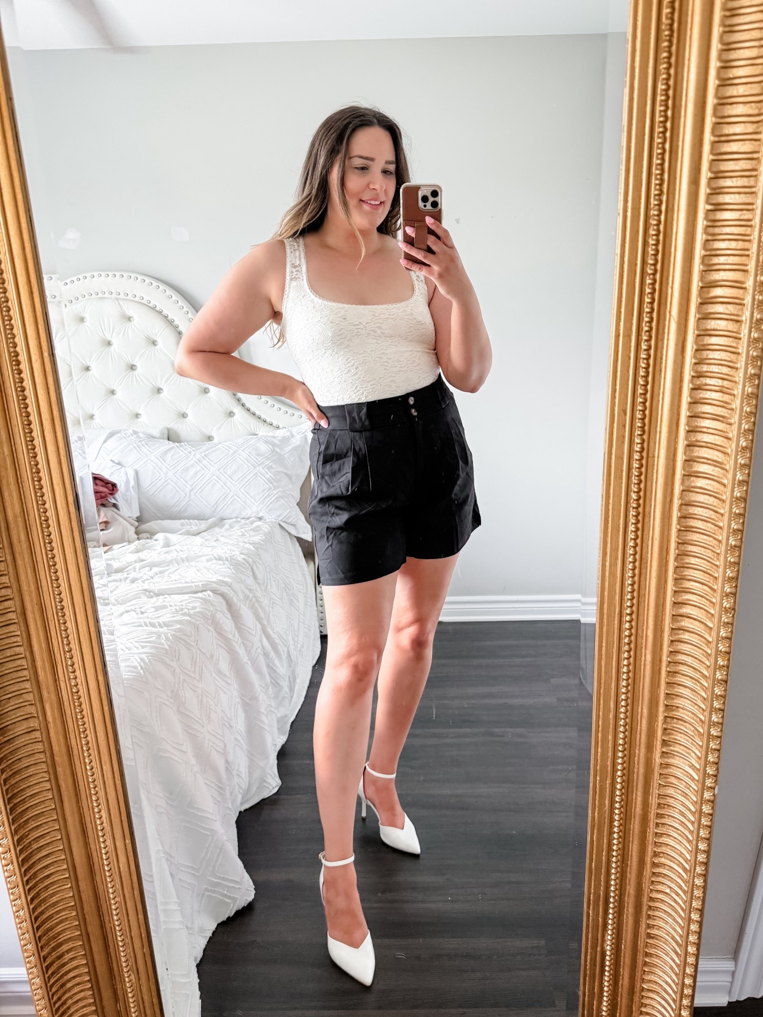 These high waisted shorts are the perfect length! They fit perfect on curves! Pairing with a white lace tank and white strap heels! 

#LTKFindsUnder50 #LTKShoeCrush