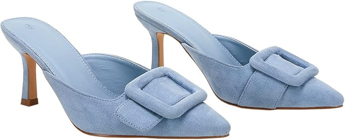 VETASTE Women's Heeled Mules Pointed Toe Suede Buckle Slip On Sandals Kitten Heels Party Wedding ... | Amazon (US)