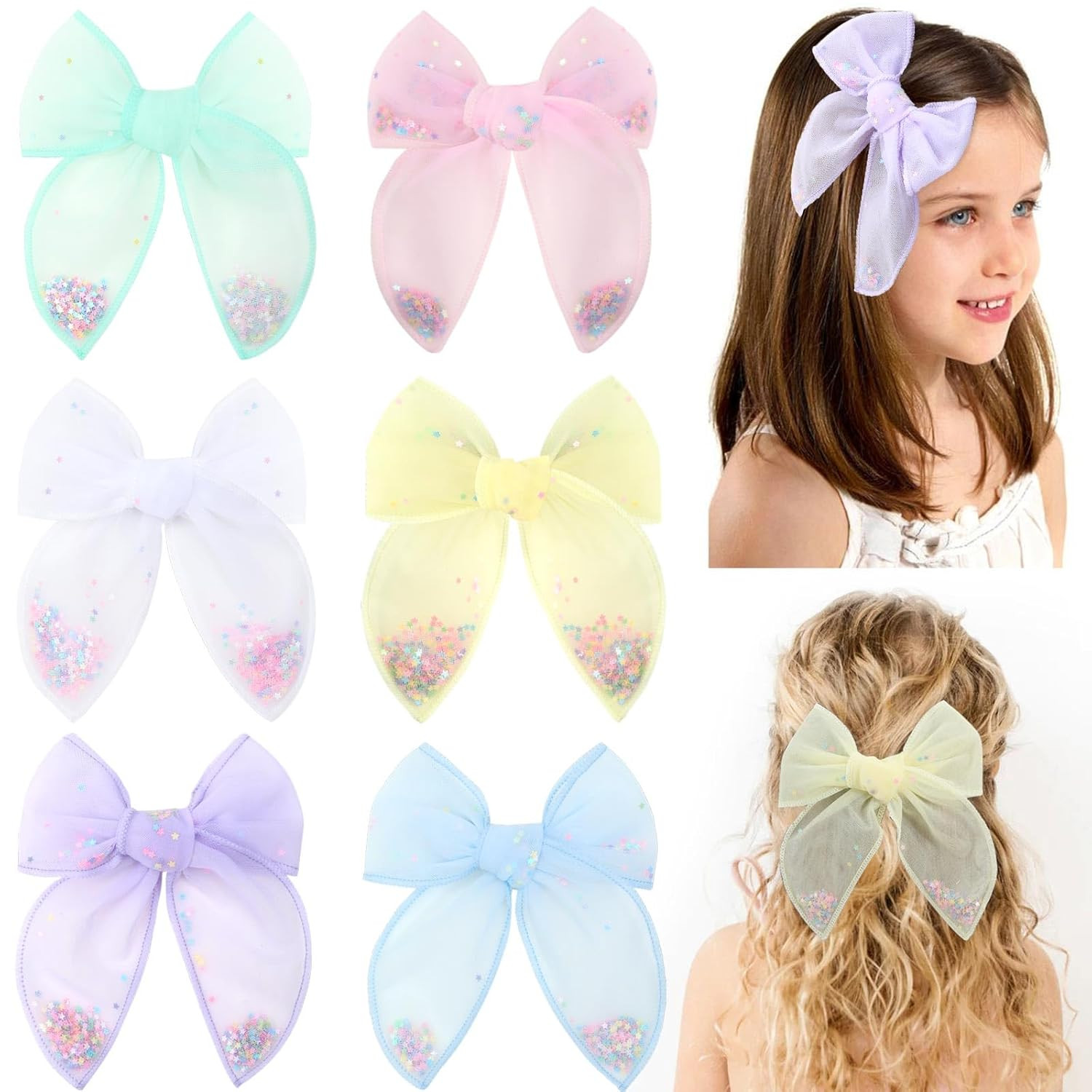 6 PCS Tulle Hair Bows for Girls, CN Toddler Bows with Glitter Star Alligator, Colorful Hair Barre... | Amazon (US)