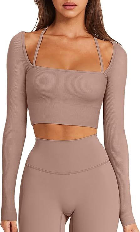 LASLULU Womens Sexy Square Neck Crop Top Ribbed Seamless Long Sleeve Workout Tops Halter Neck Ath... | Amazon (US)