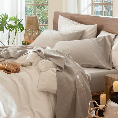 MooMee Bedding Sheet Set 100% Washed Cotton Linen Like Textured Breathable Durable Soft Comfy (He... | Amazon (US)