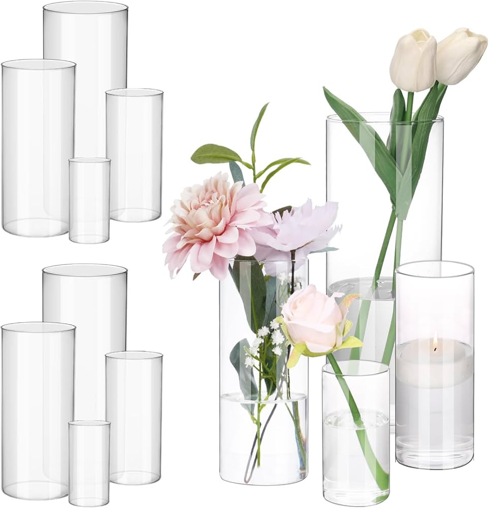 Fixwal 12pcs Clear Glass Cylinder Vases, 4, 6, 8, 10 Inch Tall Cylinder Vases for Centerpieces, G... | Amazon (US)