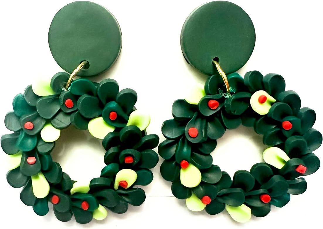 Christmas Holiday Season polymer Clay earrings/Xmas wreath design/red and green earrings/festive ... | Amazon (US)