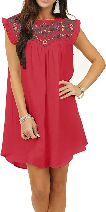 KIRUNDO 2023 Women's Summer Mini Dress Casual V Neck Floral Embroidered Ruffle Sleeveless Shift D... | Amazon (US)