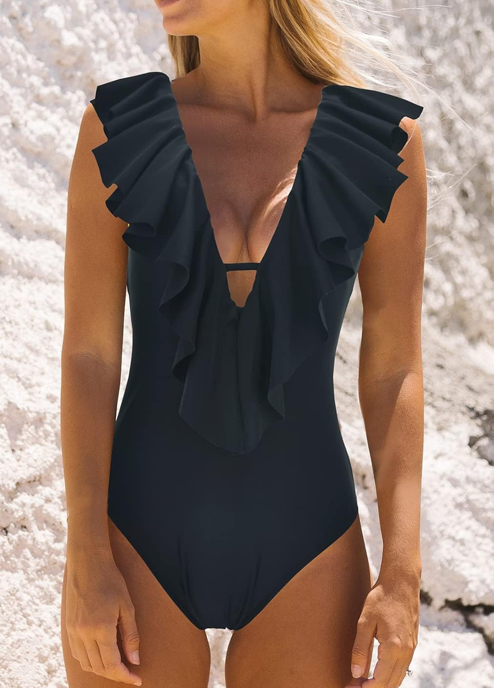 Binlowis Deep V Neck Flounce One Piece Swimsuit Ladies Floral Print Plunging Beachwear Bathing Su... | Amazon (US)