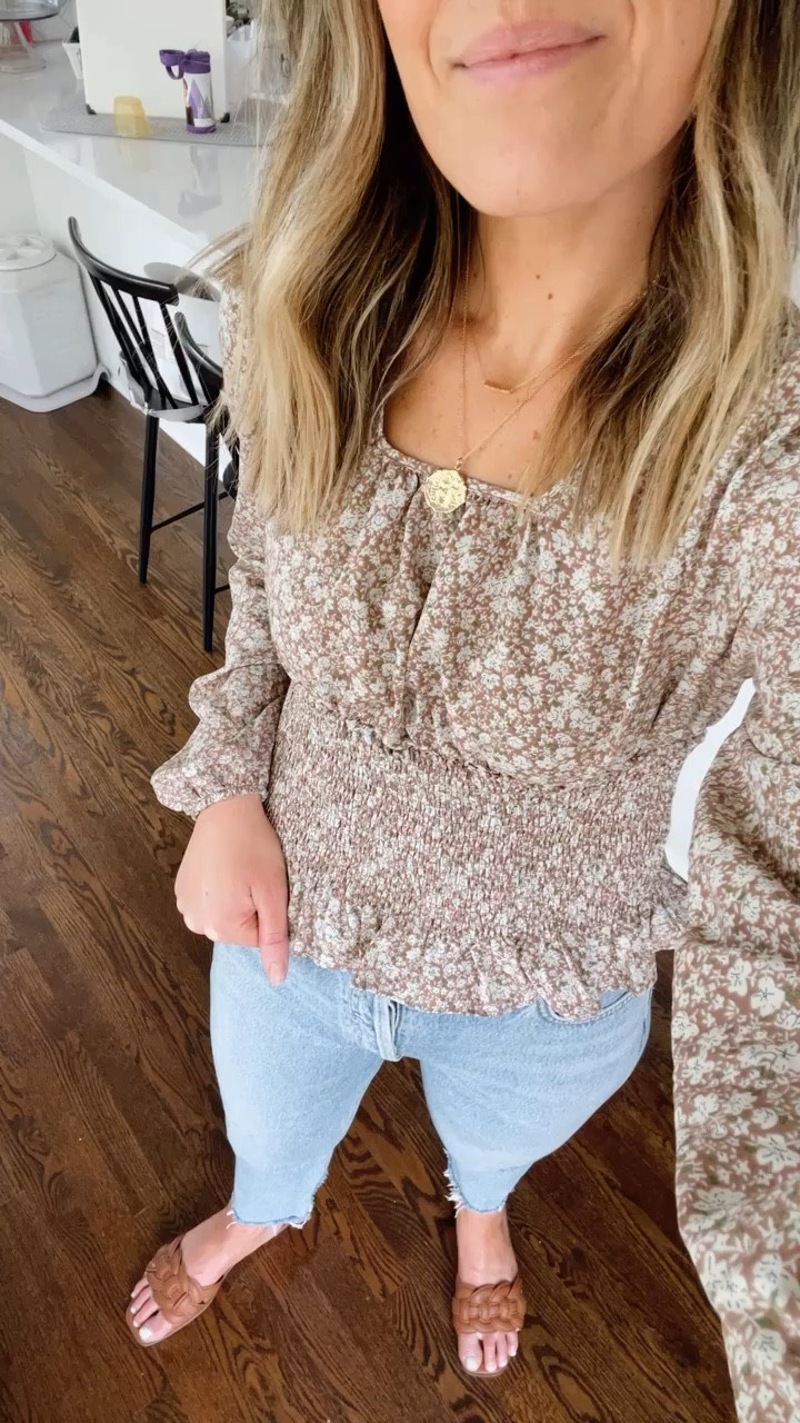 Friday night dinner outfit. Floral smocked top, jeans, sandals. Spring style. #springstyle #weekendoutfit #amazonfashion #festivaloutfit 

#LTKFestival #LTKFind #LTKstyletip