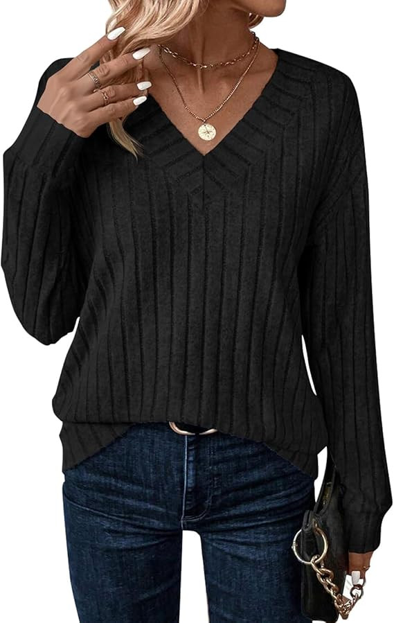 JUSTFASHIONNOW Long Sleeve V Neck Shirts for Women Fall Tops Lightweight Sweaters Dressy Casual T... | Amazon (US)