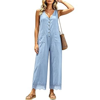 AMEBELLE Women Button Down Jumpsuits Sleeveless Overalls V Neck Wide Leg Flowy Rompers with Pocke... | Amazon (US)