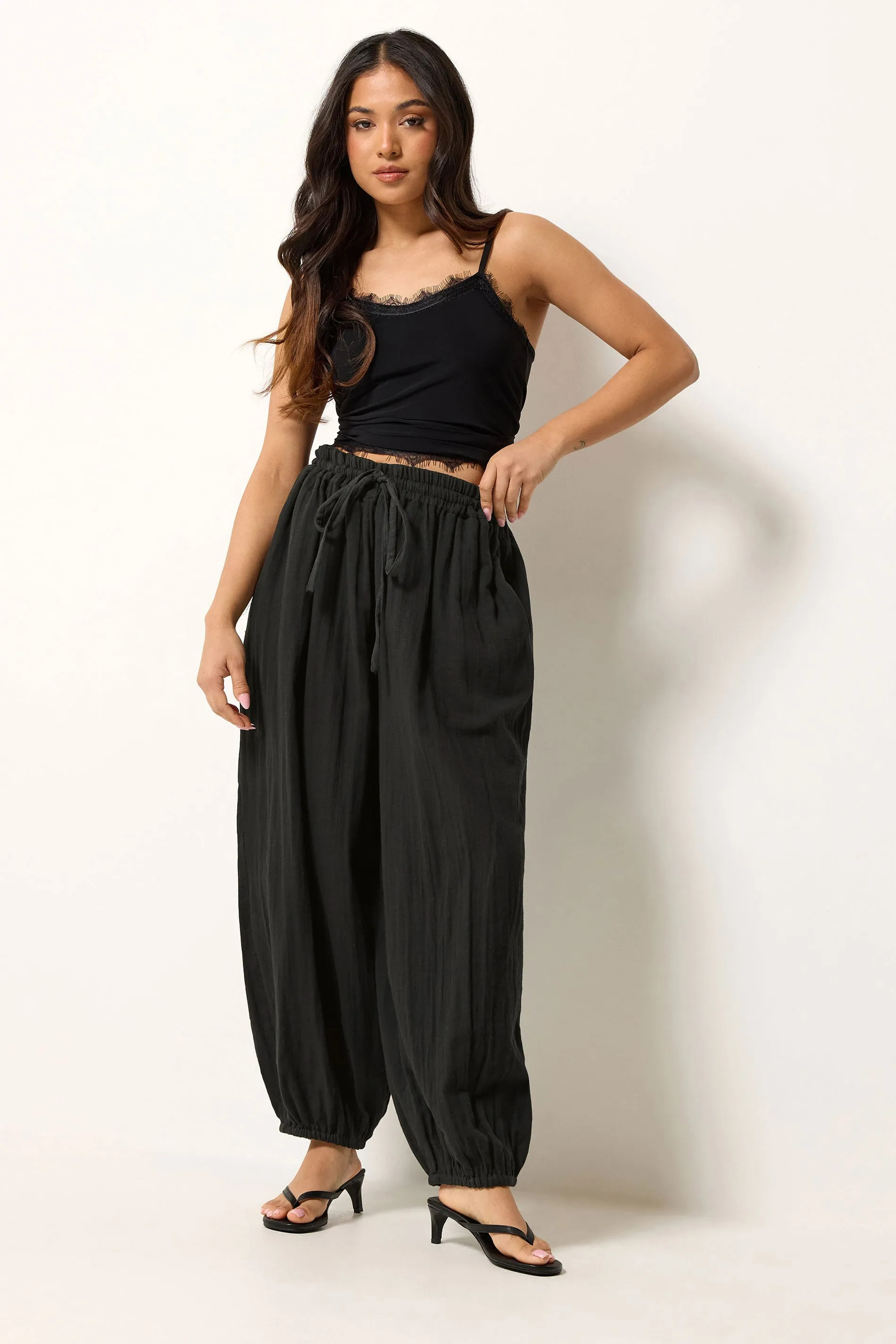 Black PixieGirl Petite Cheesecloth Balloon Trousers | Debenhams | Debenhams UK