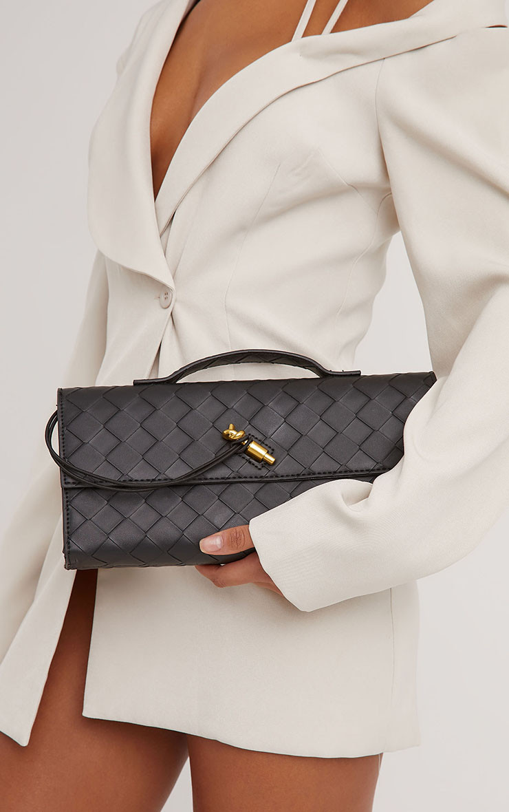Tori Woven Detail Rectangle Shaped Clutch Bag In Black Faux Leather | EGO Shoes (US & Canada)