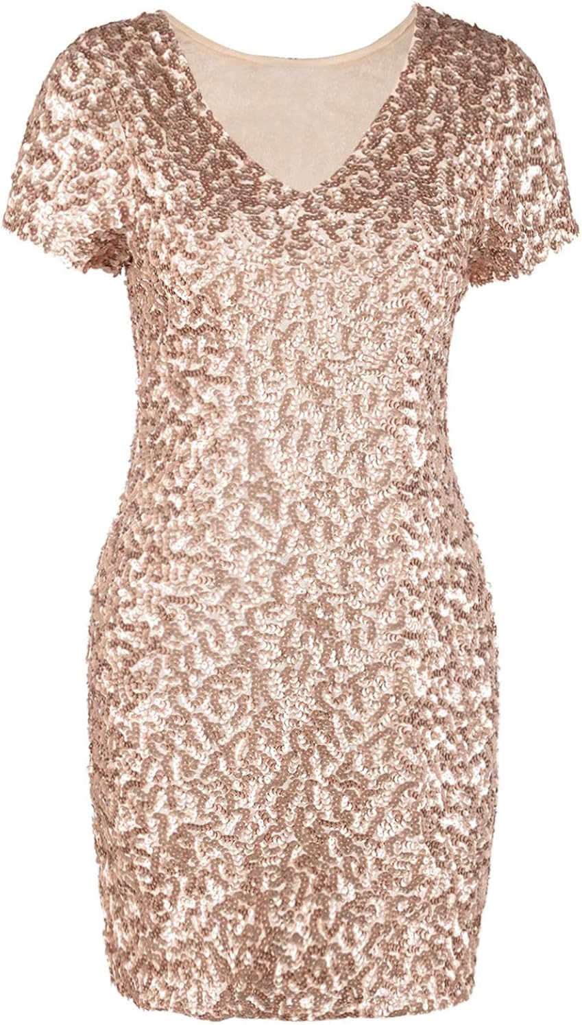 PrettyGuide Women's Sexy Deep V Neck Sequin Glitter Bodycon Stretchy Mini Party Dress | Amazon (US)