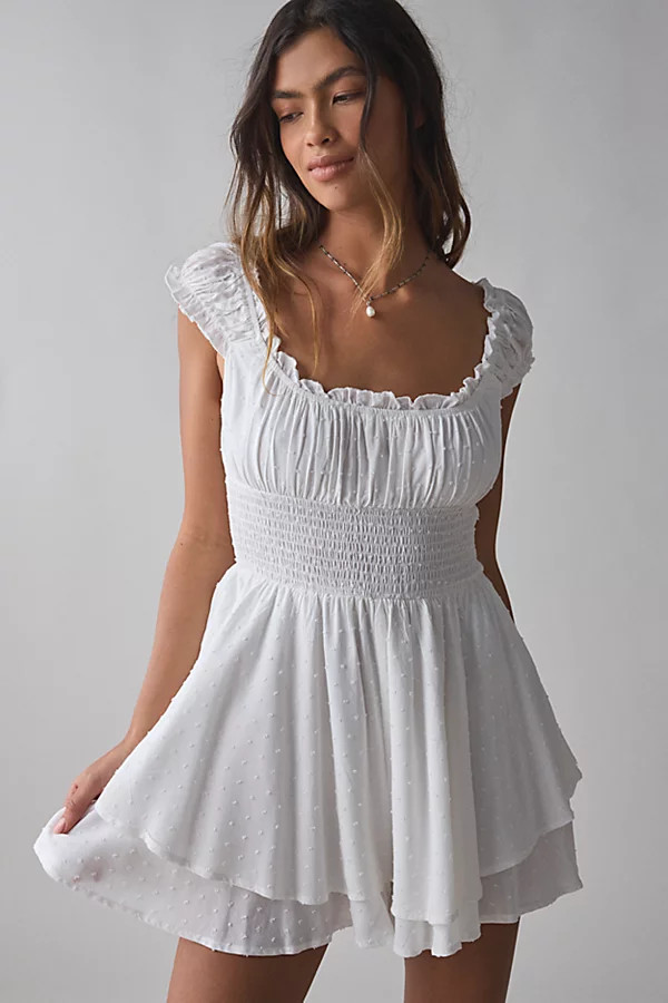 Urban Outfitters UO Rosie Smocked Tiered Ruffle Romper in White, Women's at Urban Outfitters | Urban Outfitters (US and RoW)