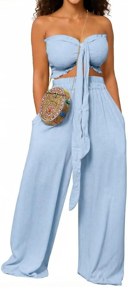 Ophestin Women Two Piece Outfits Knot Front Ruffle Trim Smocked Crop Top Wide Leg Pant Sets Vacat... | Amazon (US)