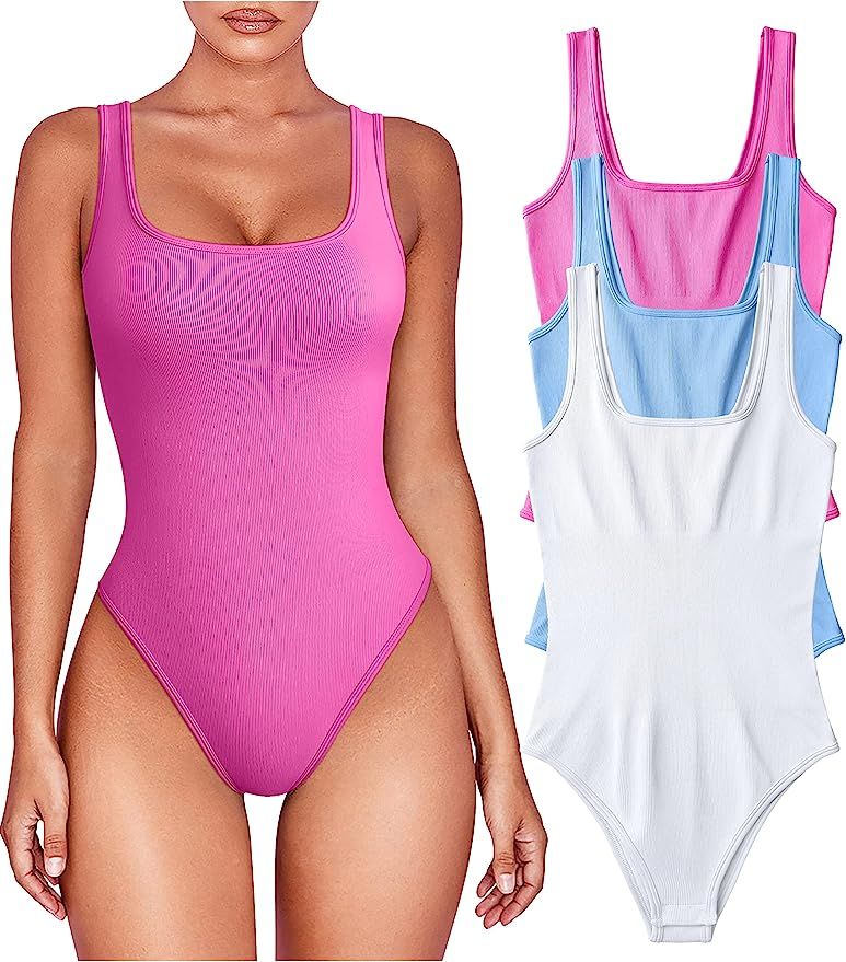 OQQ Women's 3 Piece Bodysuits Sexy Sleeveless Square Neck Shapewear Tank Tops Bodysuits | Amazon (US)