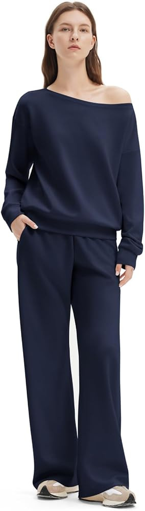 SUUKSESS Women 2 Piece Lounge Matching Set Off Shoulder Sweatshirt Wide Leg Sweatpant | Amazon (US)