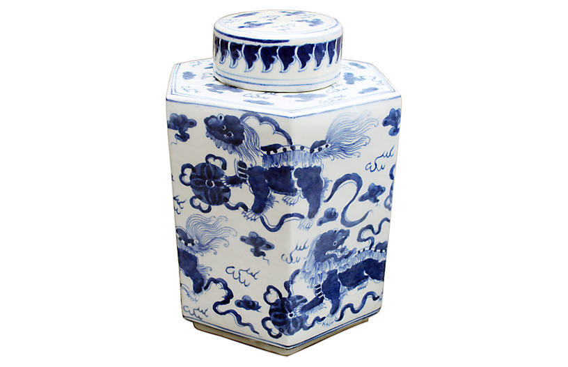 11" Lion Hexagonal Tea Jar, Blue/White | One Kings Lane
