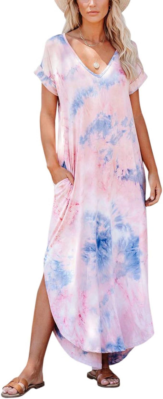 Women's Short Sleeve V Neck Dress Side Split Maxi Dresses Tie Dyed with Pockets | Amazon (US)