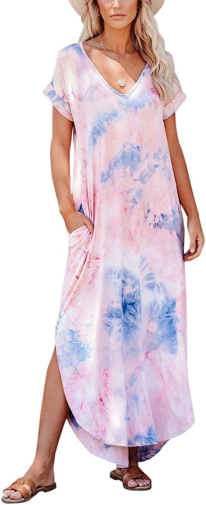 Women's Short Sleeve V Neck Dress Side Split Maxi Dresses Tie Dyed with Pockets | Amazon (US)