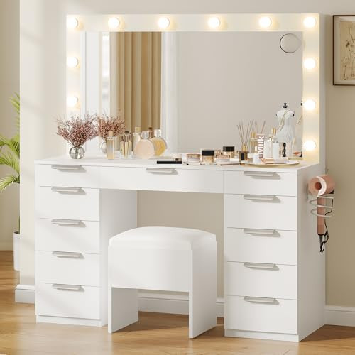 YITAHOME Vanity Desk with Large Mirror & 3-Color Light Bulbs, Wide Wood Top Makeup Vanity with Charging Station, 11 Drawers and Vanity Stool | Amazon (US)