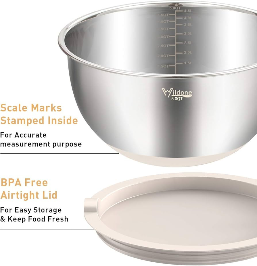 Wildone Mixing Bowls with Lids Set, 5PCS Stainless Steel Khaki Nesting Bowls with 3 Grater Attach... | Amazon (US)