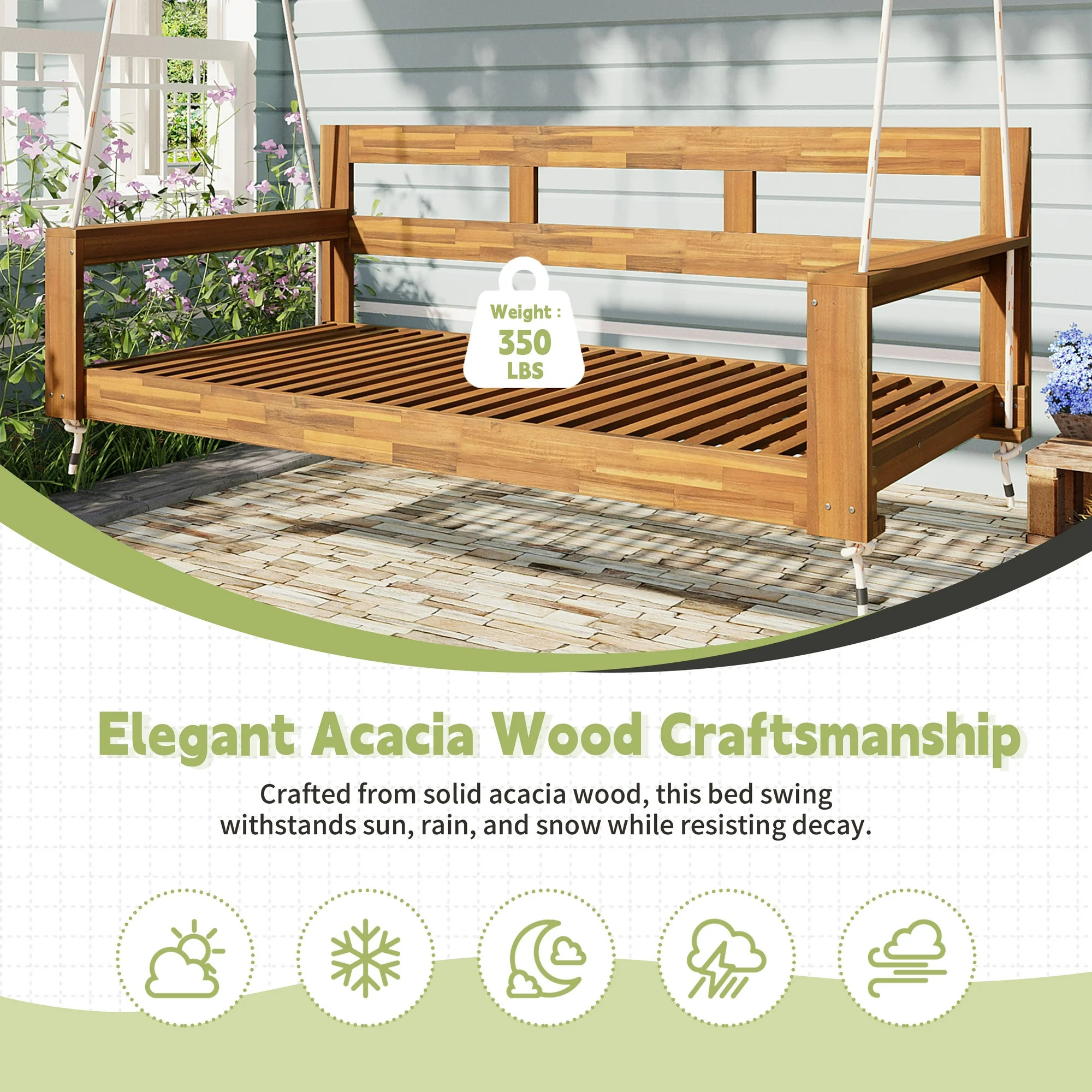 Euroco Acacia Wood Farmhouse Swing Bed with Hemp Rope Suspension, 350lbs Capacity, Twin Size, Eas... | Walmart (US)