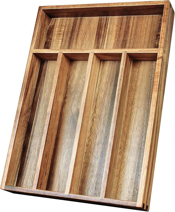 Acacia Wood Silverware Organizer, Kitchen Utensil Drawer Organizer for Forks, Knives & Spoons, 5-... | Amazon (US)