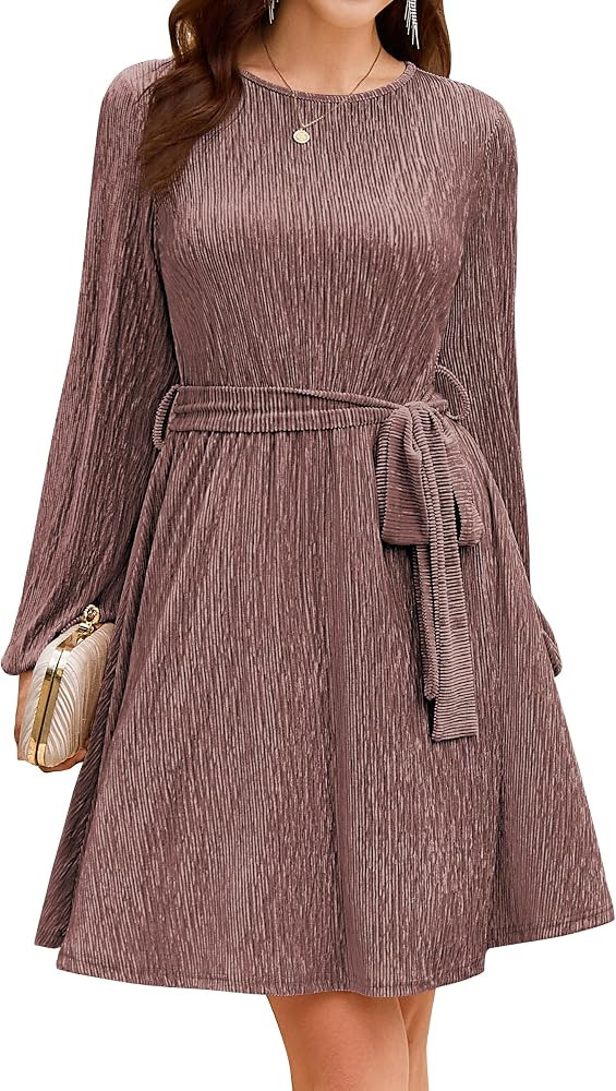 Naggoo Women's Lantern Sleeve Sparkly Velvet Cocktail Party Dress with Belt | Amazon (US)