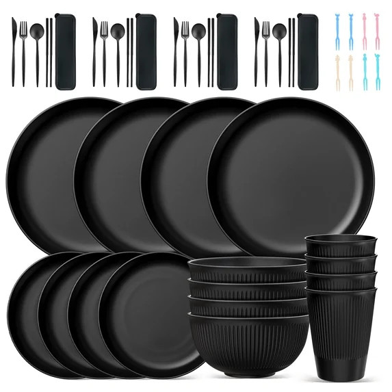 TINANA Wheat Straw Dinnerware Set, Service for 4, 48 PCS Unbreakable Plastic Plates and Bowls Set... | Walmart (US)