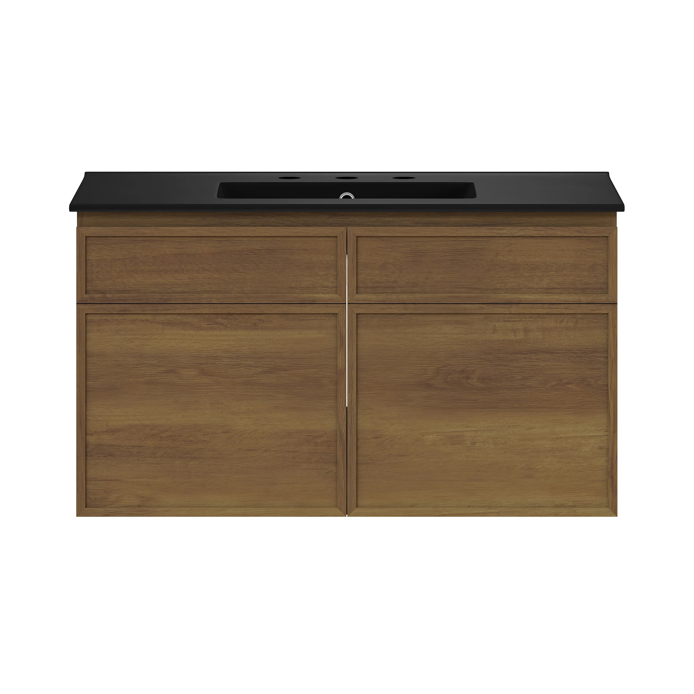 St. Tropez 36" Wall-Mounted Bathroom Vanity In Brown Oak With Black 3-Hole Widespread Sink Top | Wayfair North America