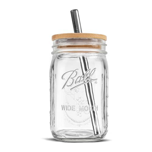 Wide Mouth Mason Jar 32 oz - (1 Pack) - Ball Wide Mouth 32-Ounces Quart Mason Jar with Reusable M.E.M Bamboo Lid & Stainless Steel Straw - For Smoothies, Milk Shakes, Iced Coffee, Tea | Amazon (US)