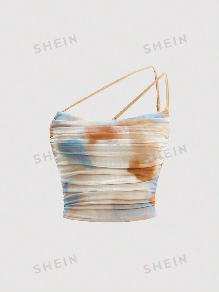 SHEIN MOD Tie Dye Ruched One Shoulder Asymmetric Strap Summer Crop Top | SHEIN