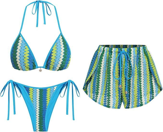 Amazon.com: ZAFUL 3 Piece Bikini Sets for Women Shorts Trendy Crochet Vacation Swimsuits Summer C... | Amazon (US)