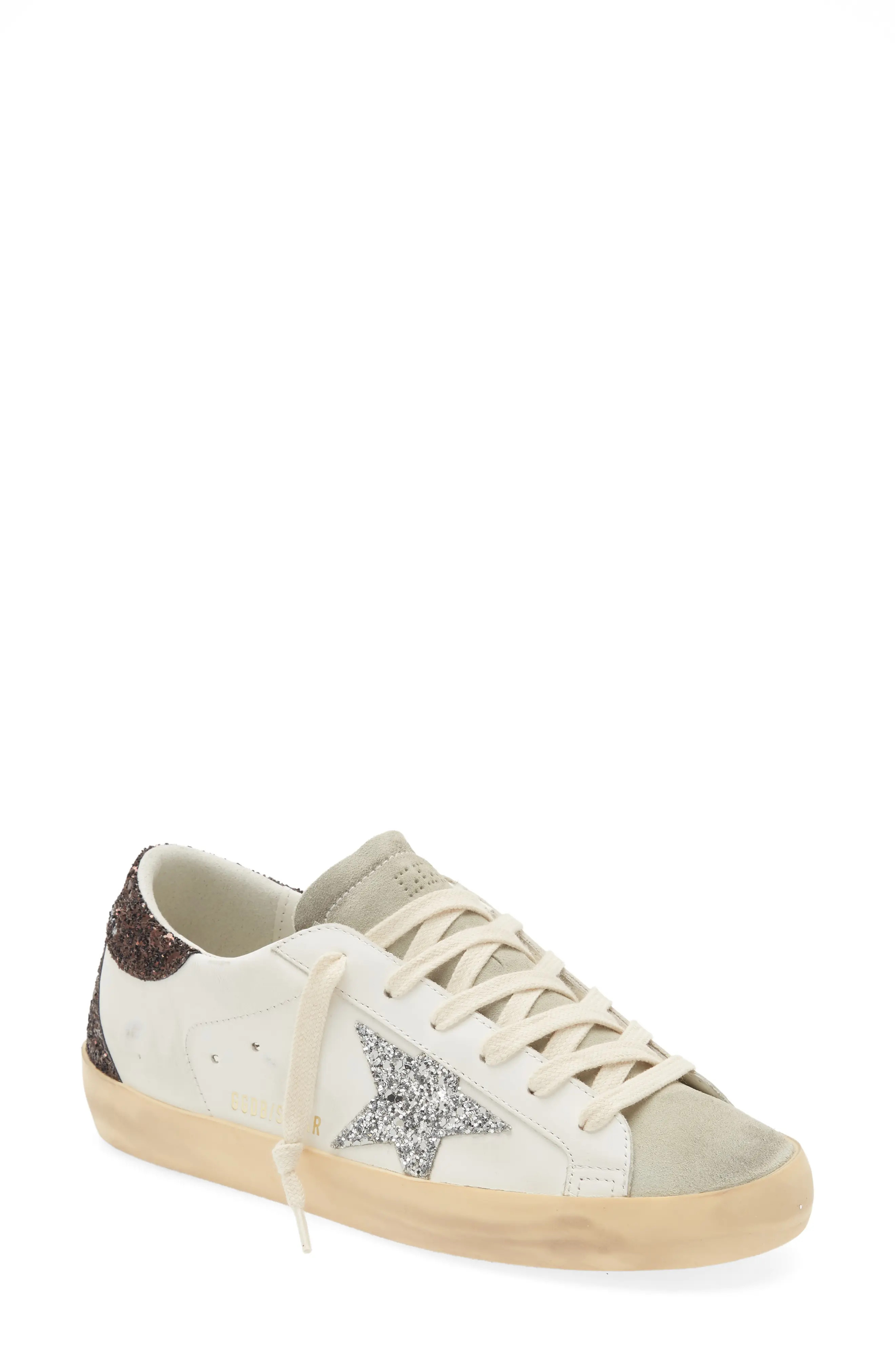 Golden Goose Super-Star Glitter Detail Low Top Sneaker in White/Ice/Silver/Brown at Nordstrom, Size 9Us | Nordstrom