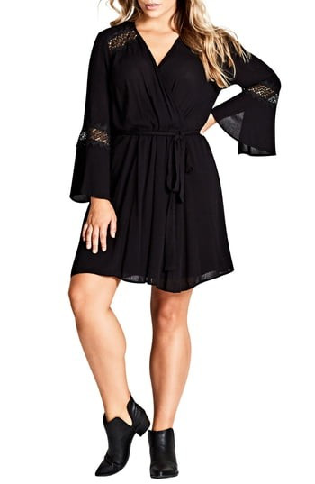 Plus Size Women's City Chic Lacey Bell Faux Wrap Dress, Size X-Small - Black | Nordstrom