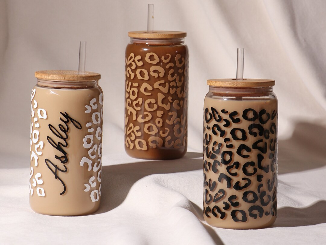 Cheetah/Leopard Personalized With Name Reusable 16oz Glass Tumbler/Cup with bamboo lid and straw!... | Etsy (US)