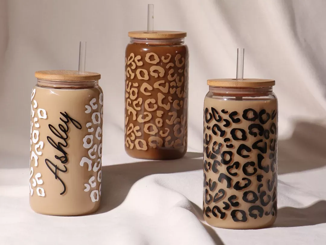  Custom Glass Tumbler with Name, Leopard Print Glass