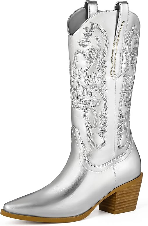 Ouepiano Women's Western Cowboy Embroidered Mid Calf Boots, Almond Pointed Toe 6cm Medium Chunky ... | Amazon (US)
