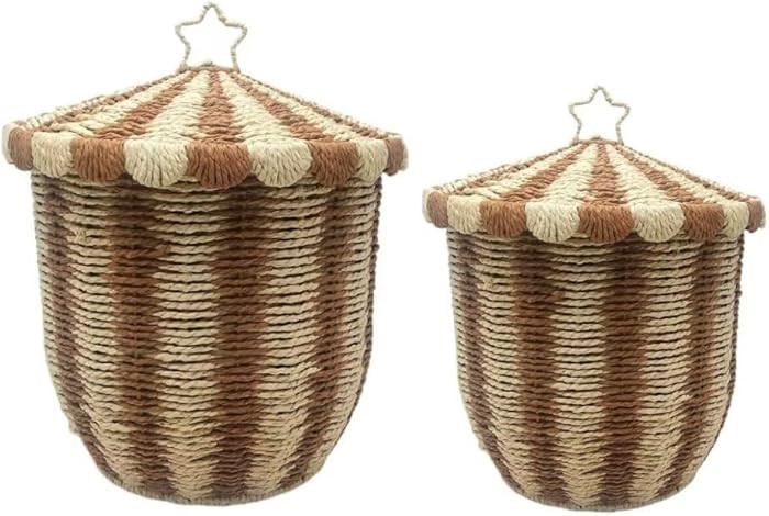 Set of 2 Woven Decorative Basket with Lid, Paper Rope Accent Basket with Star Handle, Floor-stand... | Amazon (US)