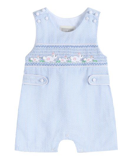 Blue Seersucker Bunnies Smocked Shortalls - Infant & Toddler | Zulily