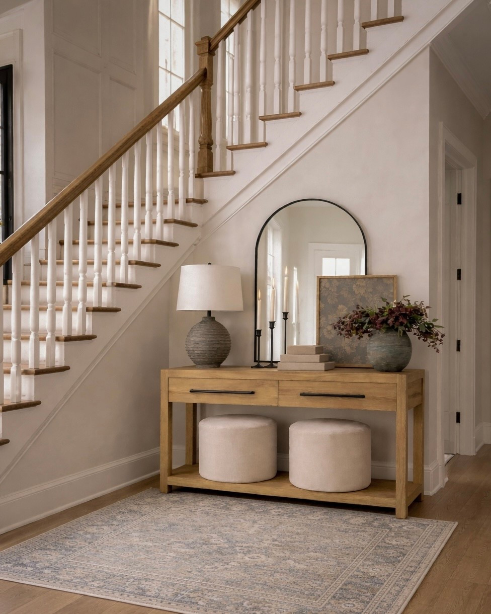 Wayfair + Amazon Entryway Console

Follow @farmtotablecreations on Instagram for more cozy home styling and seasonal finds.

A warm, neutral entryway moment styled by the staircase using a mix of Wayfair and Amazon finds. The wood console creates a beautiful anchor, while the arched mirror, soft lighting, and ottomans underneath add balance, texture, and function. An easy, timeless setup that works perfectly in entryways, hallways, or stair landings.

#entryway #console #entrywaydecor #wayfairfinds #amazonhome #neutralhome #homefinds #livingroomfurniture #entrywaytable #homedecor

#LTKHome #LTKSeasonal #LTKSaleAlert
