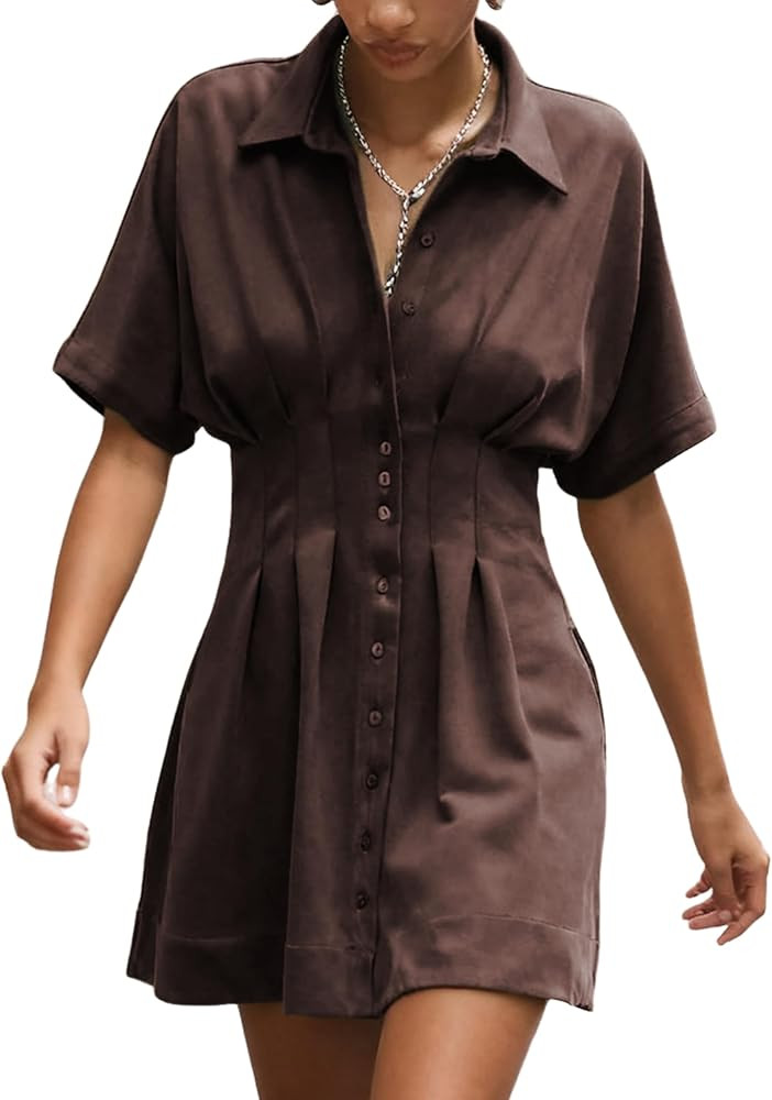 Womens Casual Faux Suede Short Sleeve Shirt Dress Pleated Button Down Tapered Waist Mini Dress wi... | Amazon (US)