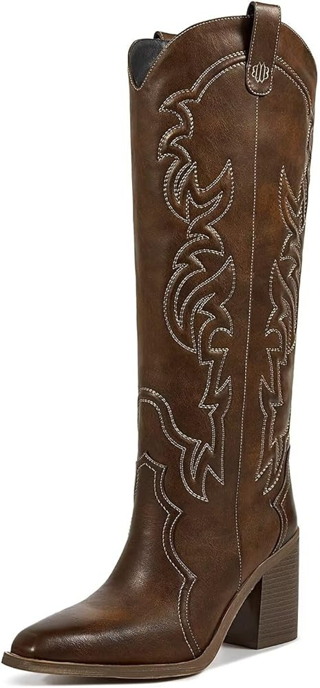 wetkiss Cowgirl Boots Women Knee High Boots, Embroidered Cowboy Boots with Chunky Heel Comfort Ta... | Amazon (US)