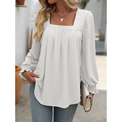 Womens Tops Square Neck Ruffle Puff Sleeve Long Sleeve Blouse White L | Target