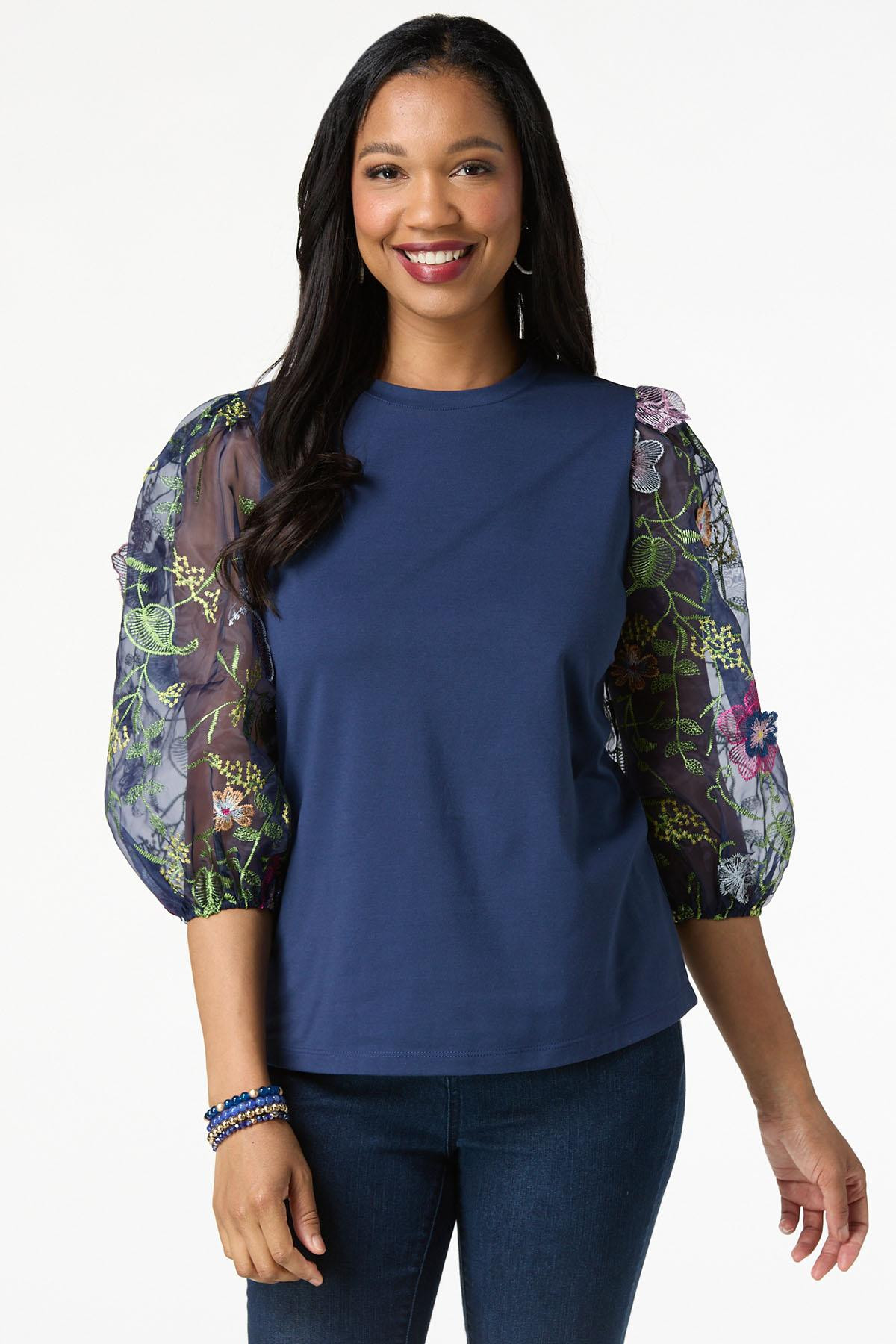 Sheer Floral Embroidered Sleeve Top | Cato Fashions